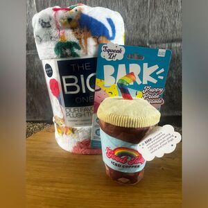 Dog Birthday Party Soft Plush Throw Blanket & Bark Toy: Iced Coffee "Good Vibes"